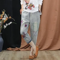 summer korean fashion baggy jeans women elastic high waist calf length jeans mujer vintage embroidery loose denim harem pants