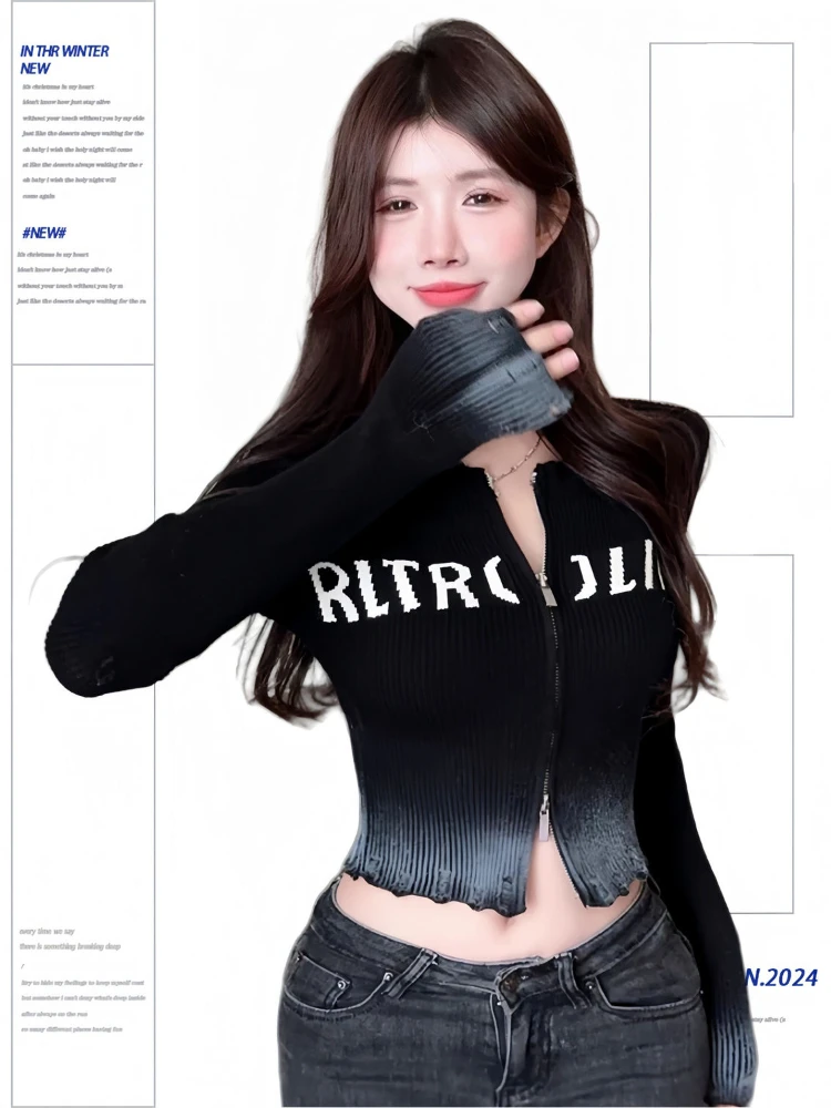 QWEEK винтажный черный кардиган с буквенным принтом для женщин 2024 осень-зима теплый