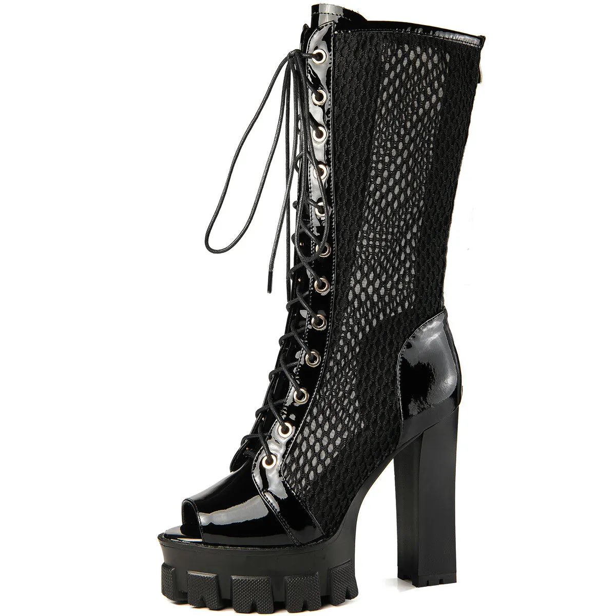 2023 Platform Pumps Shoes Women Lace Up Genuine Leather Mid Calf Boots Female Open Toe High Heel Gladiator Sandals Casual Shoes