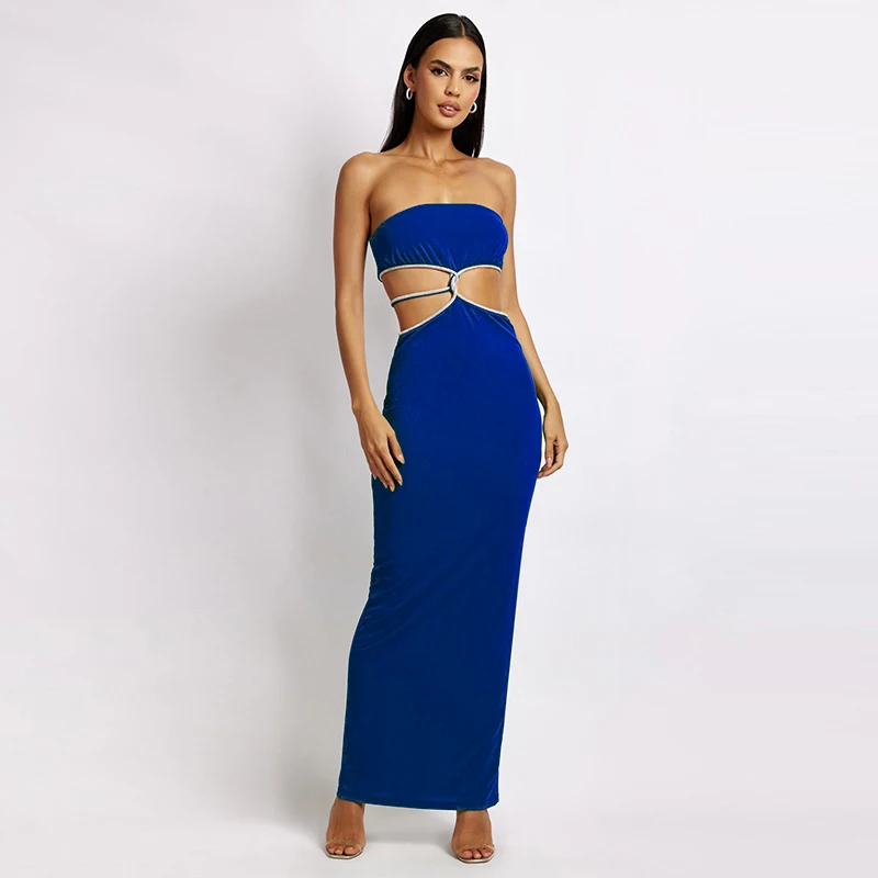 

Женская одежда в европейском и американском стиле, Новинка лета 2022, однотонное повседневное облегающее длинное платье без бретелек с ажурн...