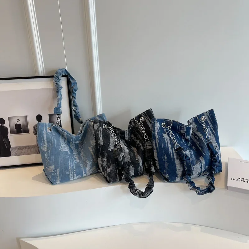 

Синяя сумка-тоут, нишевая литературная сумка через плечо, женская джинсовая плиссированная сумка большой вместимости на одно плечо, Портативная сумка, ручные сумки для женщин