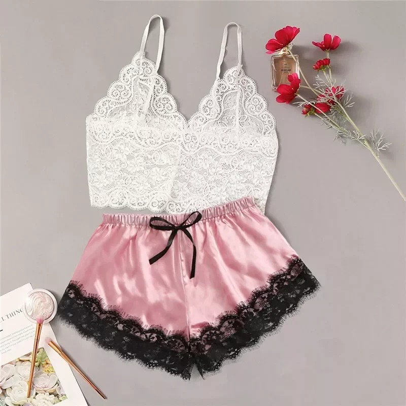 

Sexy Lingerie Sleepwear Set Women Sleeveless Lace Pajama Set Floral Trim Satin Cami Crop Tops Elastic Bowknot Shorts Pijama Set