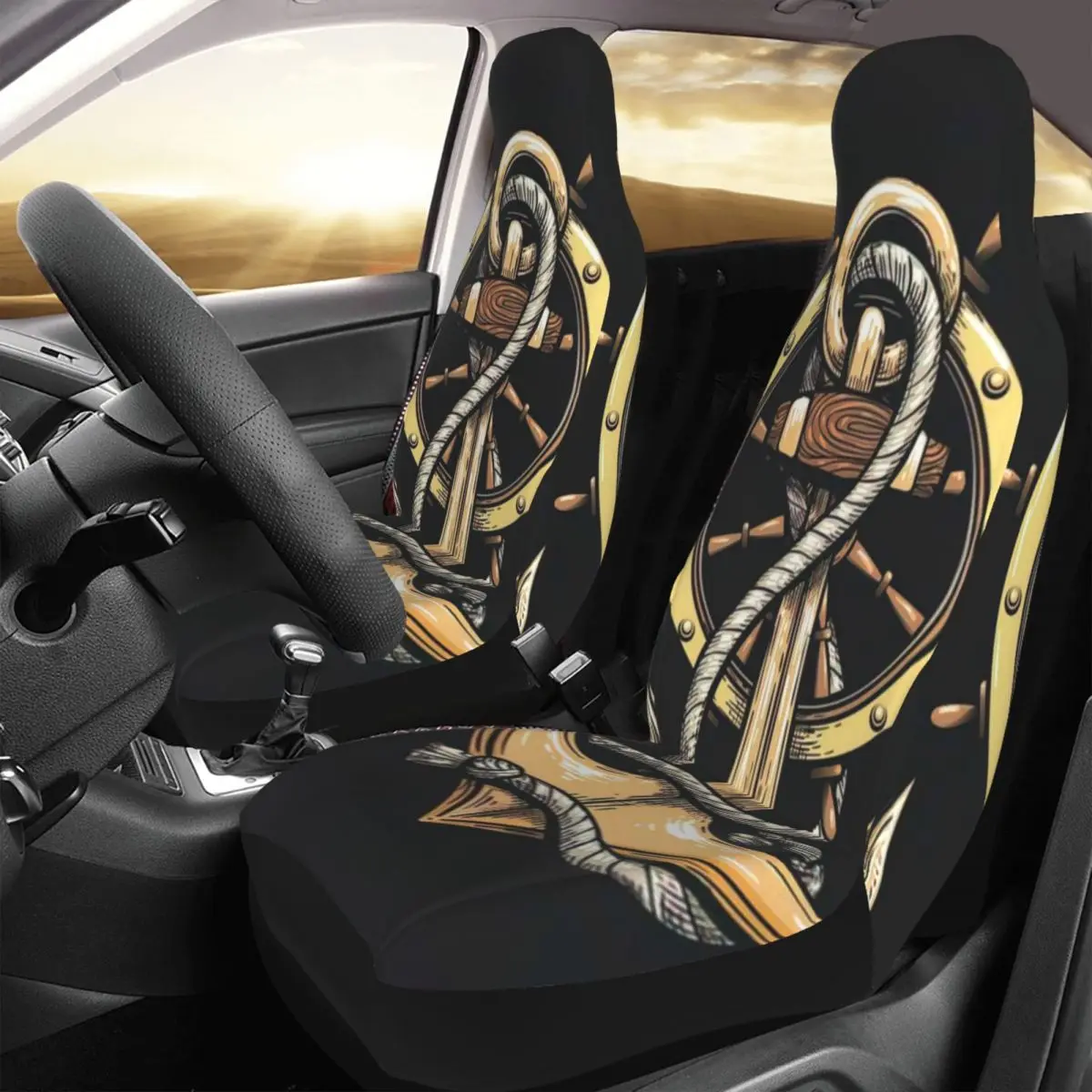 

Anchor In Ropes And Ship Wheel Car Seat Cover Custom Printing Universal Front Protector Accessories Cushion Set