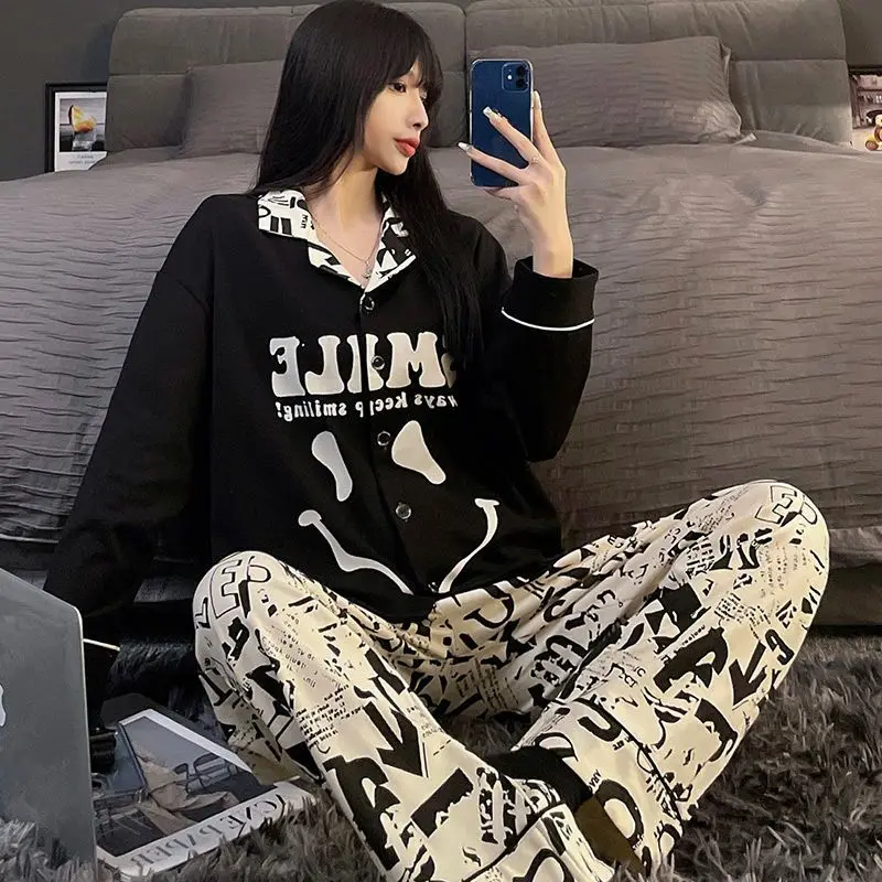 Pajamas Women's Spring Autumn New Loose Long Sleeve Cardigan Pijamas Two Piece Korean Cute Cartoon Sleepwear Home Clothes Set