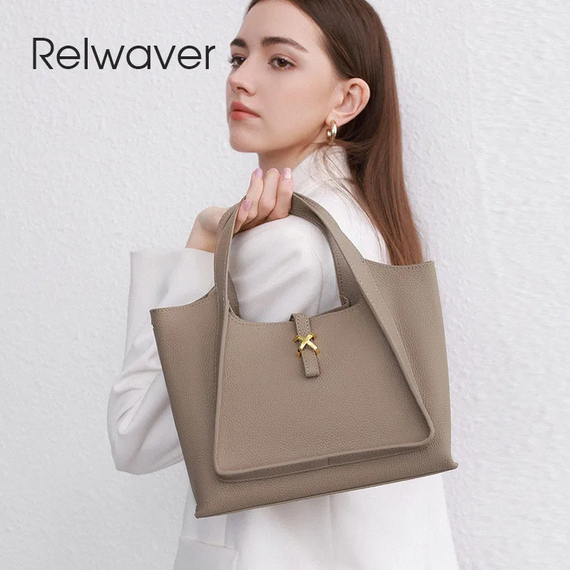 

Relwaver women genuine leather handbags 2023 autumn winter new stylish trapeze tote bag fashion commute shoulder crossbody bag