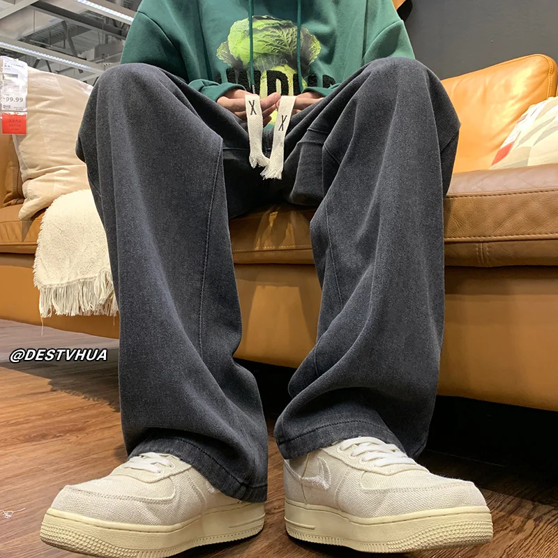 Drawstring Baggy Jeans Men Fashion 3-color Casual Straight Jeans Mens Streetwear Hip-hop Loose Denim Trousers Men Large Size