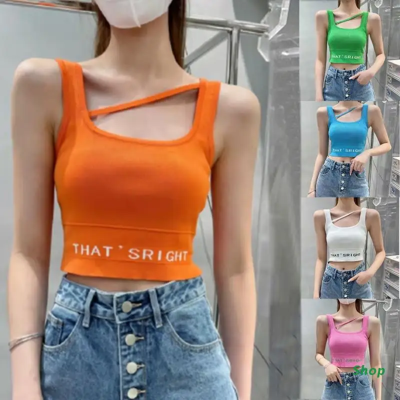 

Женский летний укороченный топ без рукавов L5YC, облегающий однотонный топ с асимметричным вырезом, лямками и косым вырезом, буквенным принто...