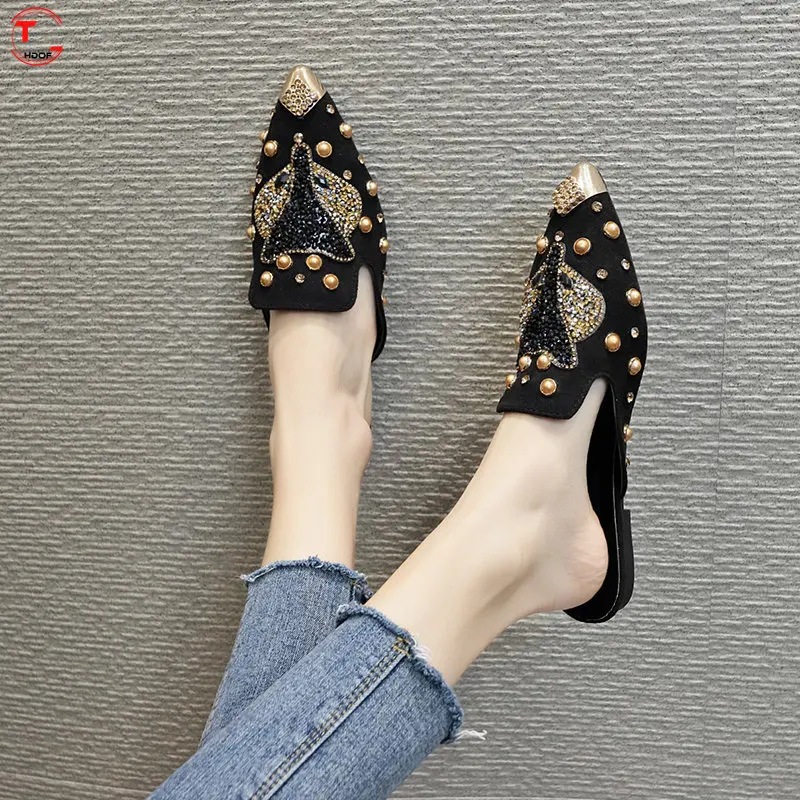 

Women Slippers Fashion String-bead Pointed Rhinestone Rivet Flat Women Shoes Slip-On Mules