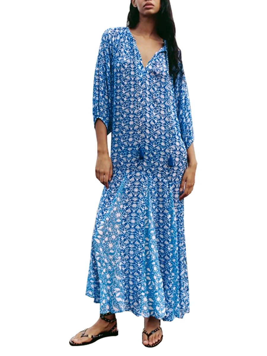 

Женское длинное платье с цветочным принтом, летнее Повседневное платье с бахромой и завязками на 3 и 4 рукавах, модное пляжное праздничное платье