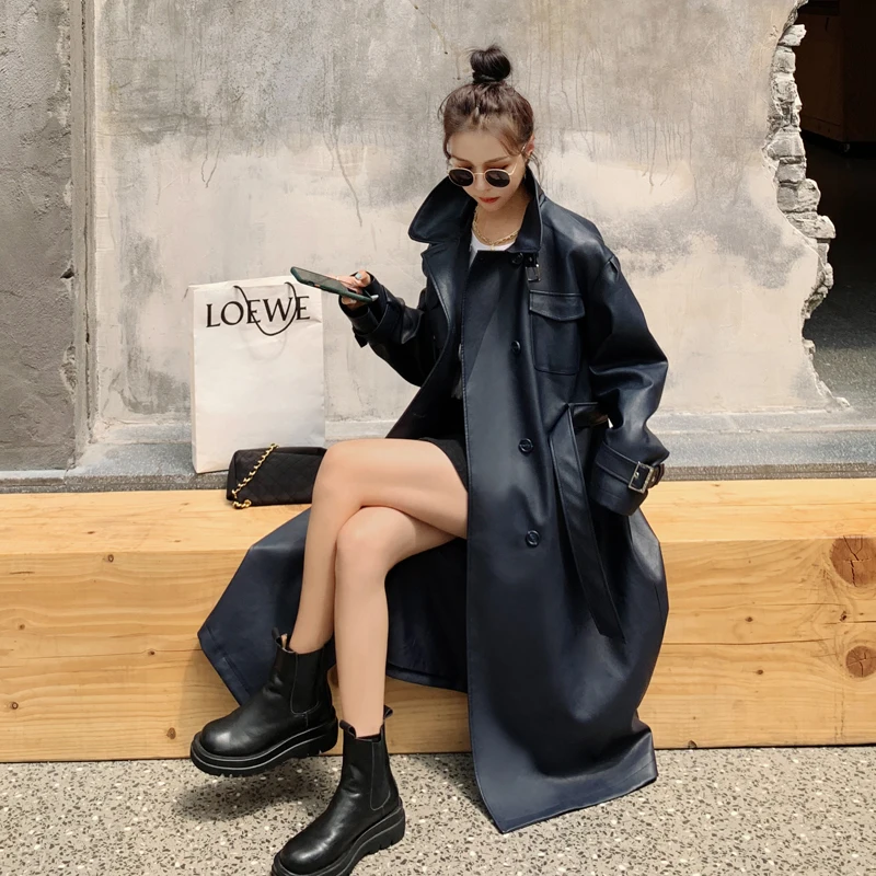 Autumn and Winter New Mid-length Female Atmosphere British Style Waist Coat Korean Version of The Navy Blue Leather Windbreaker