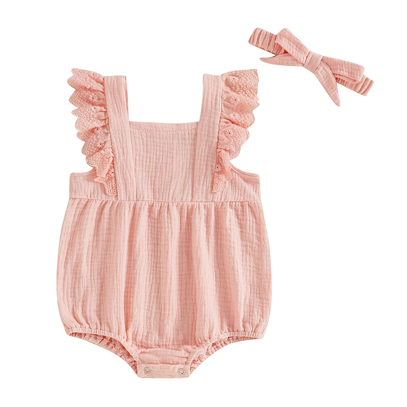 2 шт. однотонный комбинезон с кружевным рукавом и повязка на голову