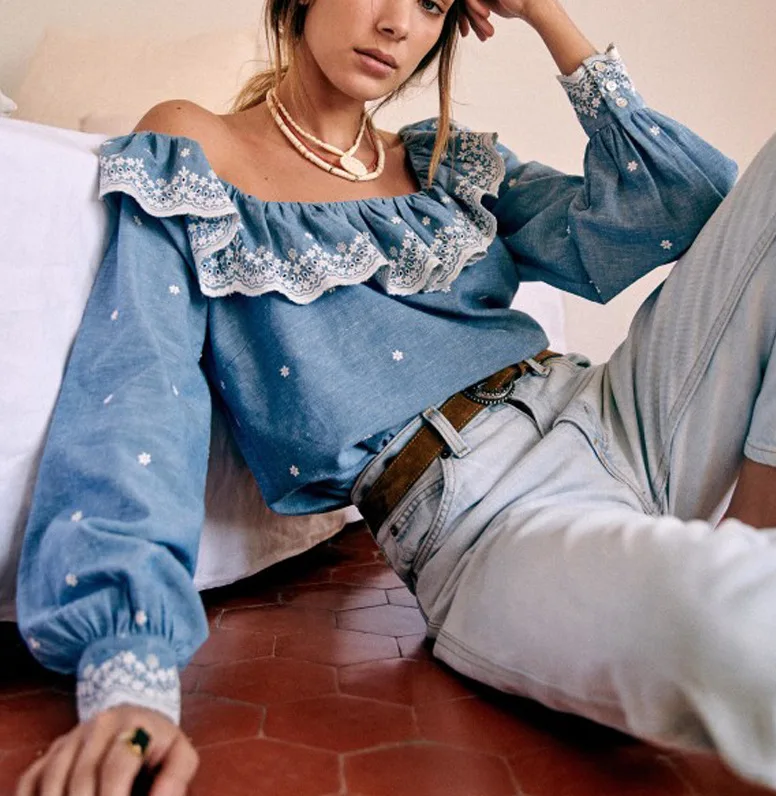 

Women Shirt Oversize Lace Embroidery Vintage Clothes Women Spring/autumn Bohemian Ruffles Off Shoulder Boho Top Long Sleeve