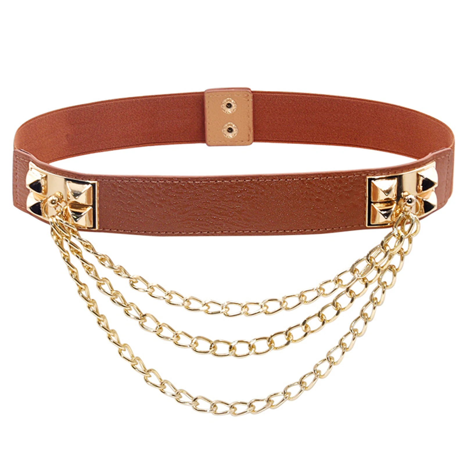

Women Luxury Gold Chain Metal Rivet Elastic Waistband Lazy Dating Gift Wide Punk Daily Dress Belt PU Leather