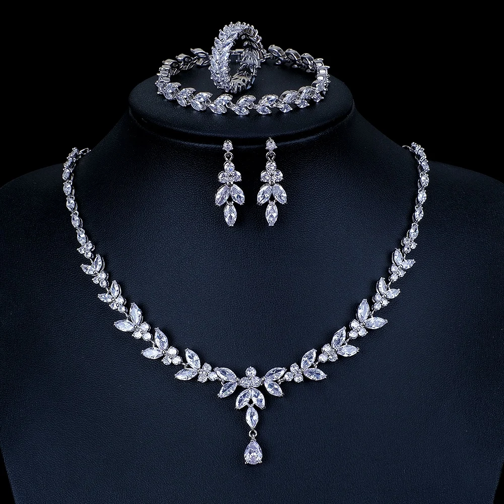 

Ekopdee Luxury Brilliant Cubic Zirconia Necklace Set Earrings Rings Women CZ Light Drop Bridal Wedding Jewelry Sets 2022 New
