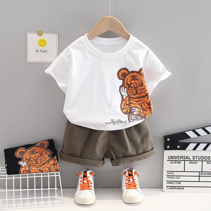 

Женский летний комплект одежды из 100% хлопка для мальчиков и девочек, 2022 дышащая мультяшная рубашка + брюки, детская одежда для маленьких мал...