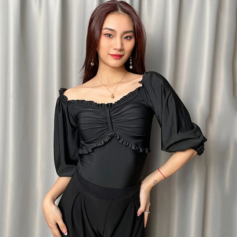 

Summer Ballroom Dance Clothing Women Black Short Sleeves Tops Rumba Modern Dance Practice Wear Adult Latin Dance Tops DNV17867