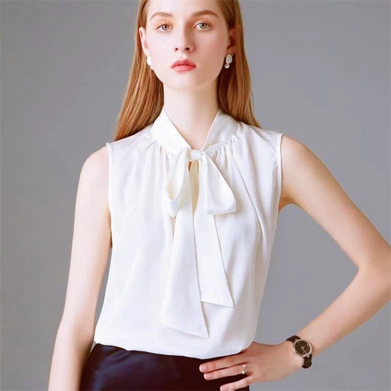 

Solid Satin Loose Top Summer Women Casual Stand Collar Tank top Tie Up Bow Chic Female Blouse Sleeveless Slim Top Stylish Vest