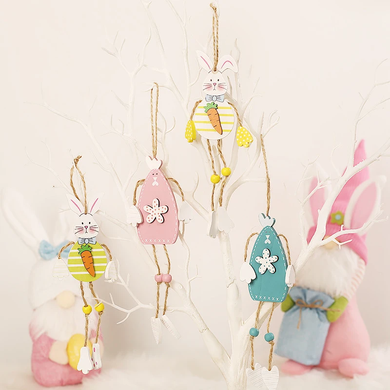 

Wooden Easter Ornaments Bunny Rabbit / Cock Hanging Decor Pastoral Animal Pendant Seasonal Home Decoration NIN668