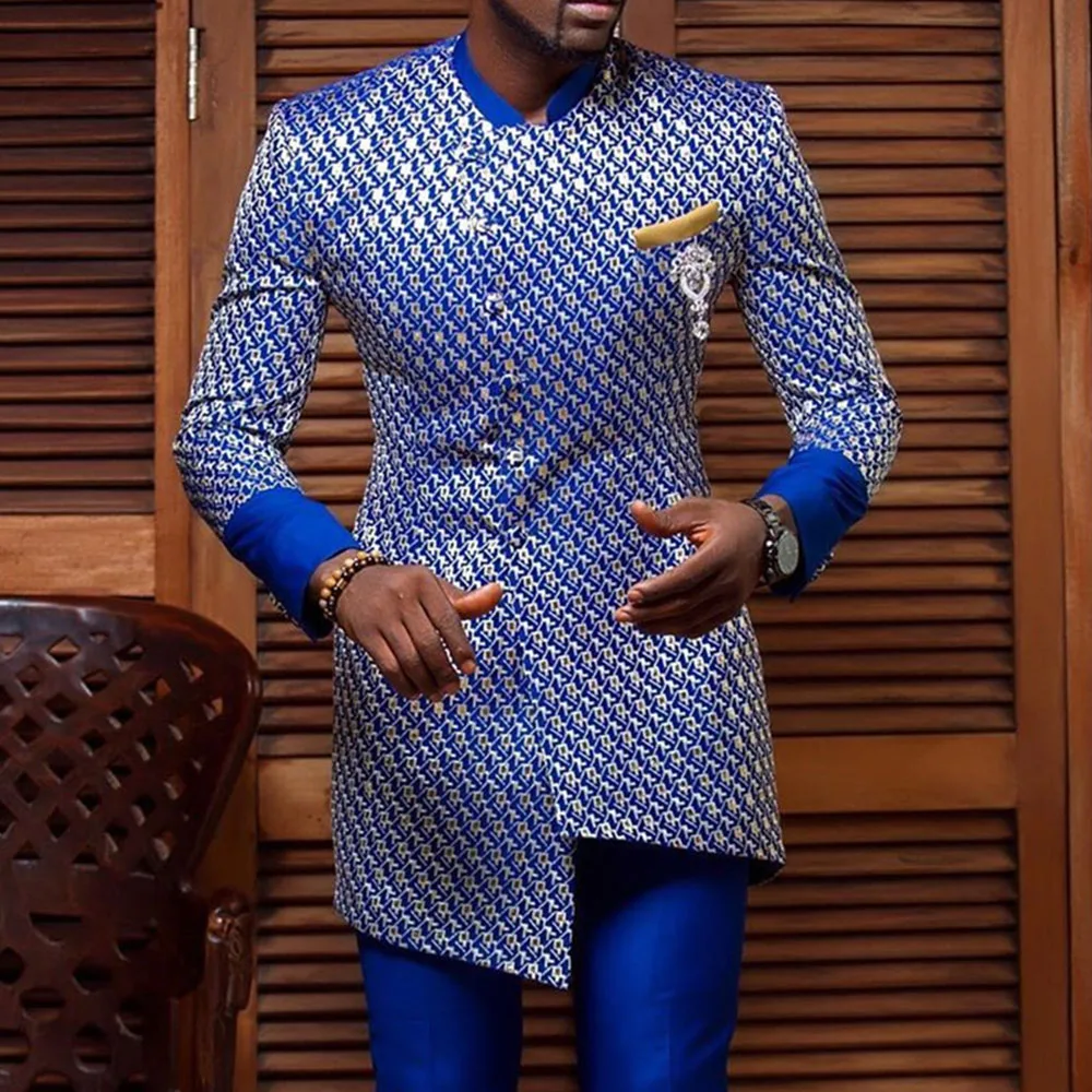 

Color Block Asymmetric New Spring Men's Shirt Patchwork Slim Stand Collar Plus Size 4xl Africa Men Clothing Blue Chic Casual Top
