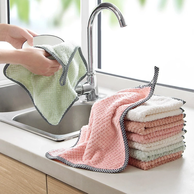 

5Pcs Super Absorbent Microfiber Kitchen Cleaning Towels Coral Fleece Dish Washing Cloth Scouring Pad Kitchen Cleaning Tools