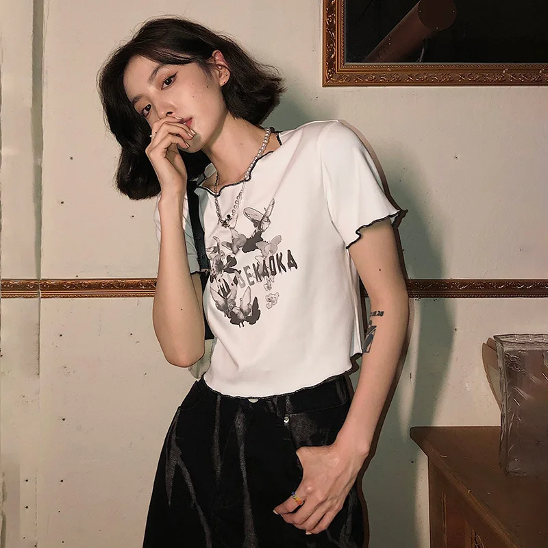 Punk Butterfly Print Ladies T-shirt Summer Harajuku Fashion Letter Pattern Women's T Shirt Casual Short Sleeve Top Female Tshirt