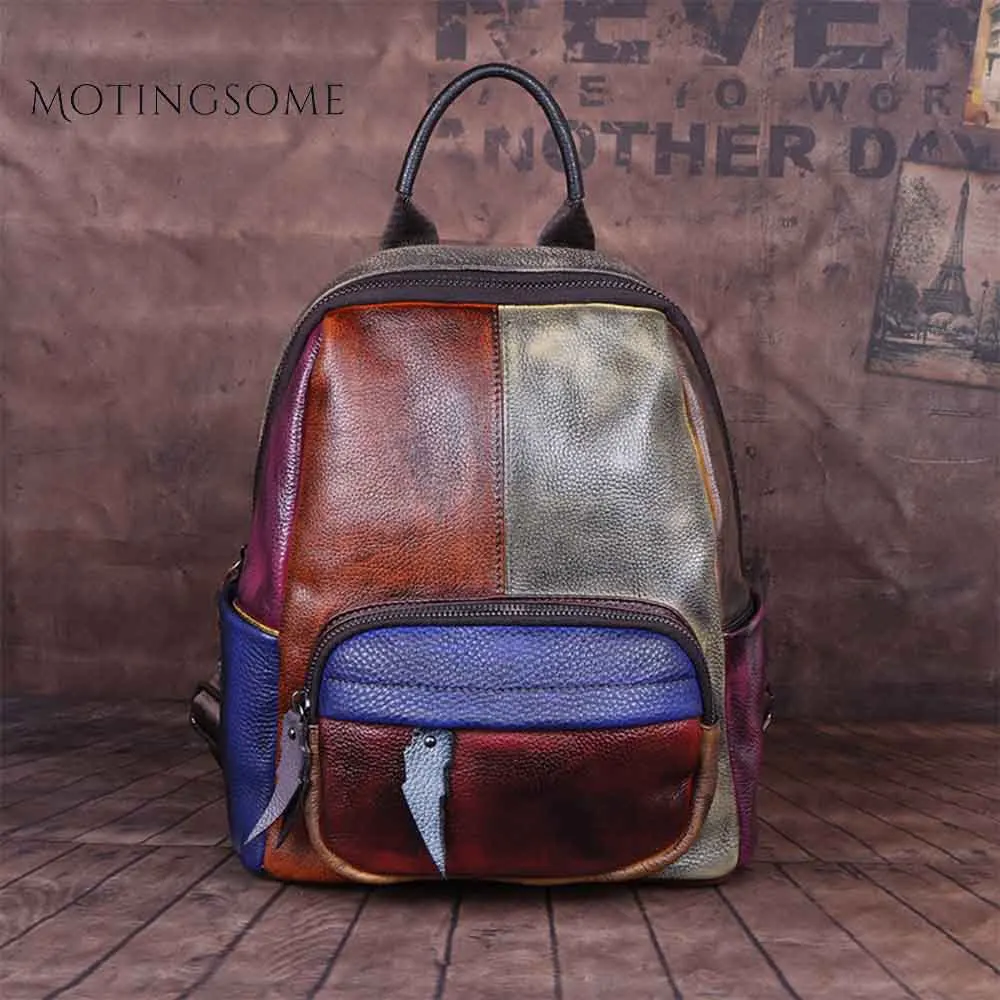 Cowhide Retro Style Women Genuine Leather Backpack Patchwork Handwork Ladies Luxury Backpack Fashion Mochila for Teenager 2019