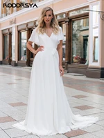 ruched v neck boho flare sleeves vintage simple wedding dress beach country chiffon bride gown robe de mari%c3%a9e wedding gown