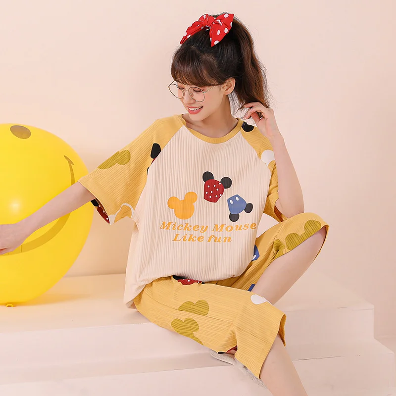 Pajamas women's summer new cotton net red new short sleeved Capris cute students can wear home clothes suit