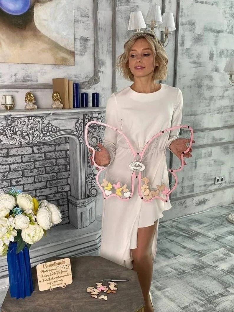 Custom Name Butterfly Shape Guest Sign-in Bottle Birthday Guest Book Message Sign-in Box Wedding Message Blessing Wood Figurines