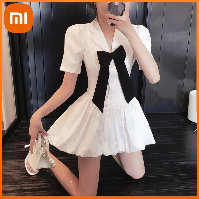

Xiaomi Piece Dress Korean Short Sleeve Black Elegant Dresses Women V-neck Basic Casual Dress Bow Design Office Lady Summer Y2K
