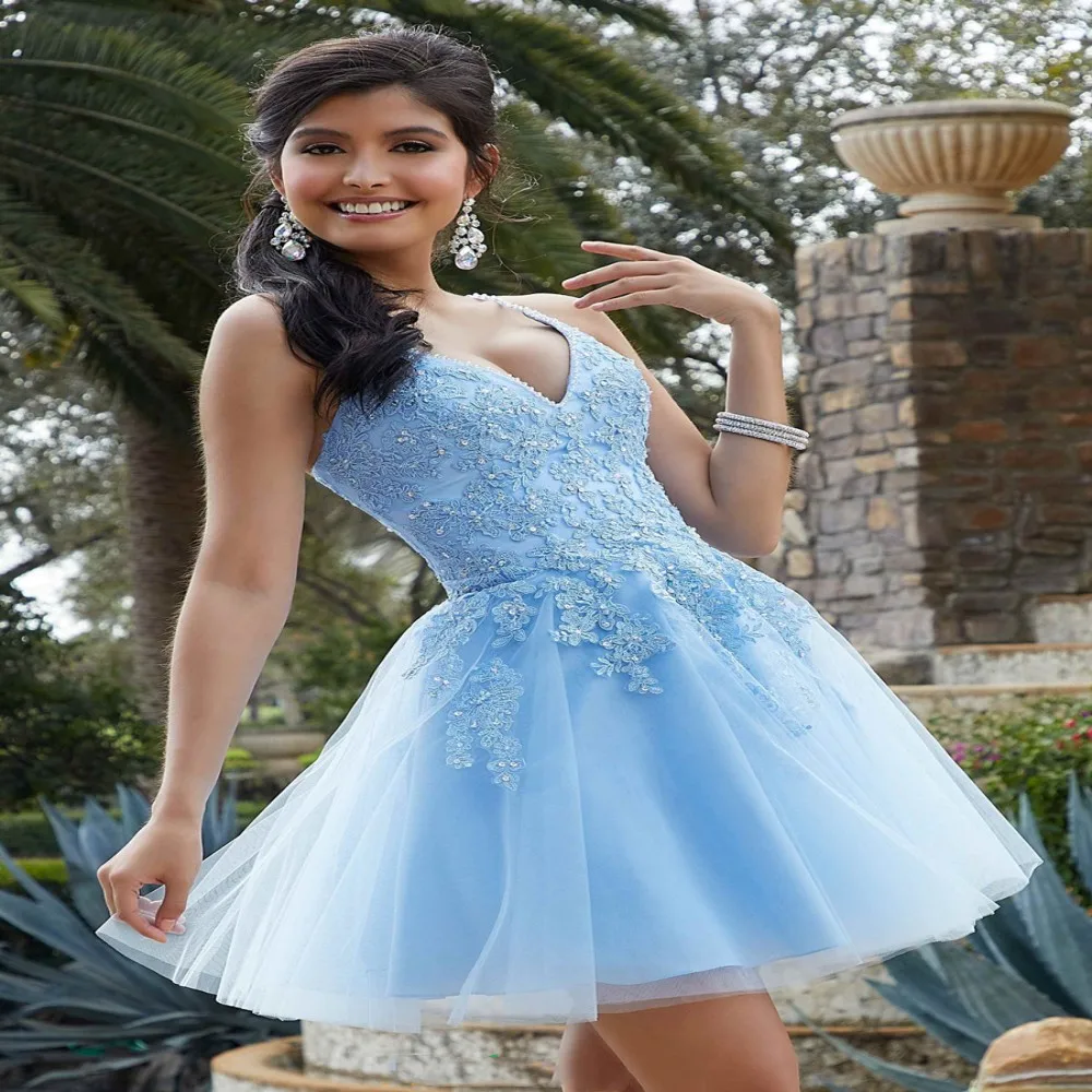 

Sky Blue Tulle Short Homecoming Dresses Spaghetti Beaded Applique Lace Up Sexy Cocktail Party Graduation Gowns A Line Vestidos