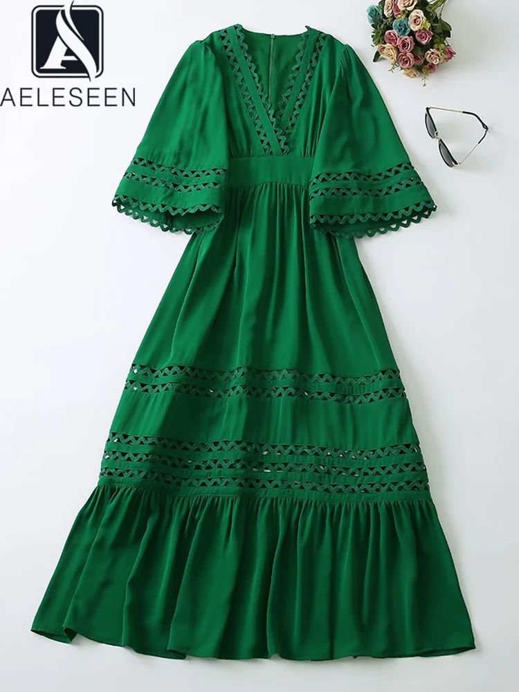 

AELESEEN Women Autumn Green Dress 2022 Runway Fashion Flare Sleeve V-Neck Solid Hollow Out Elegant Long Party Vacation