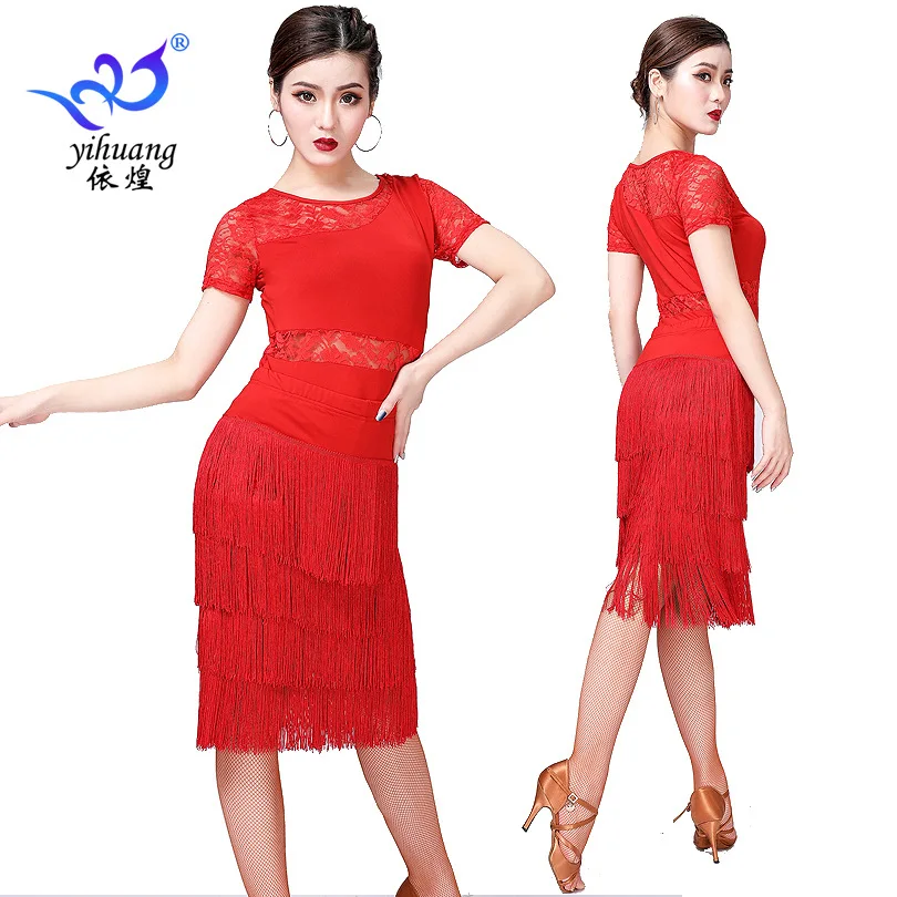 

1set/lot woman fashion latin dancing costumes female lace top and tassel skirt