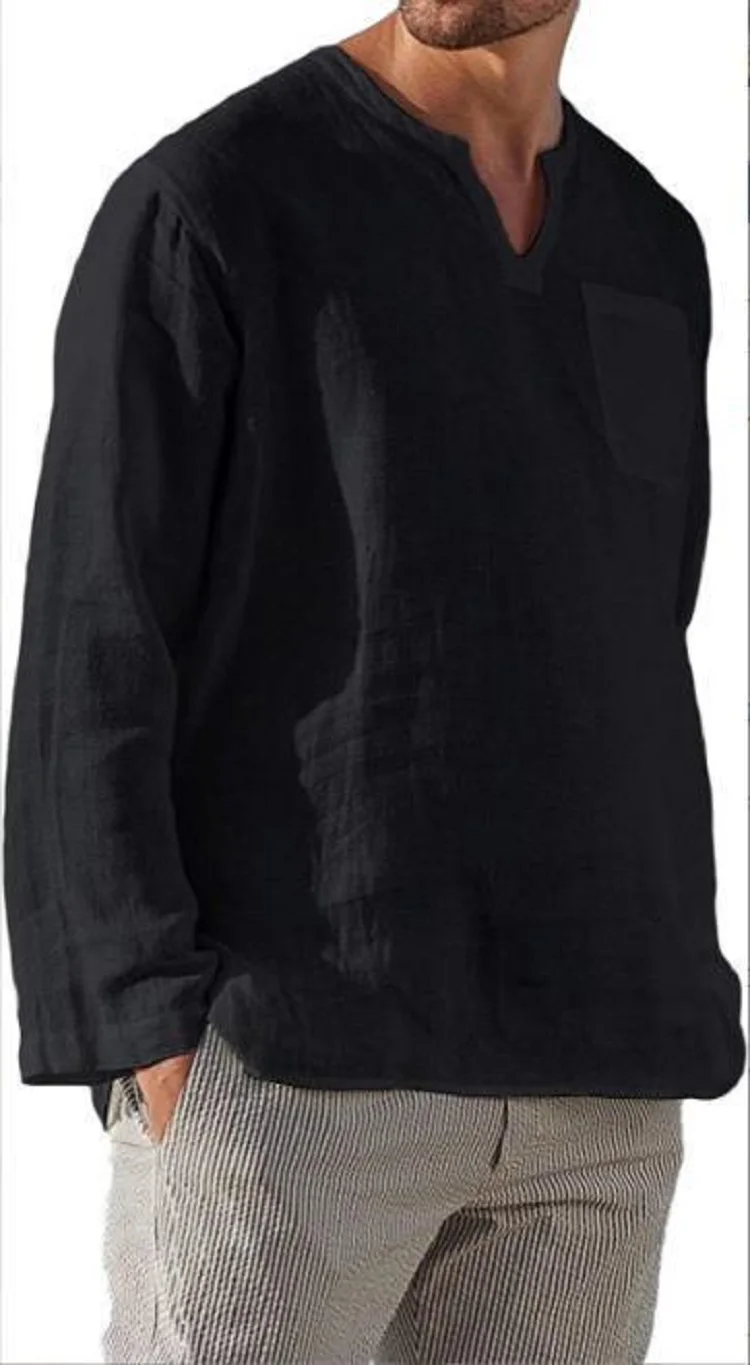 2022 European And American Spring And Summer New Men's Long-Sleeved V-Neck Shirts Casual Beach Linen Shirts For Men