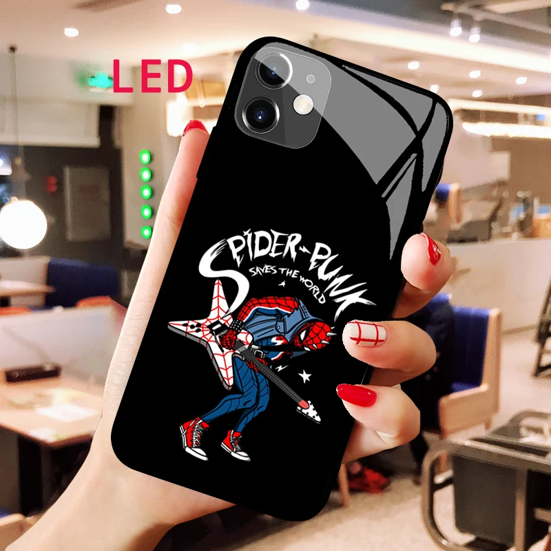 

Luminous Tempered Glass phone case For Apple iphone 12 11 Pro Max XS mini SpiderMan Acoustic Control Protect LED Backlight cover