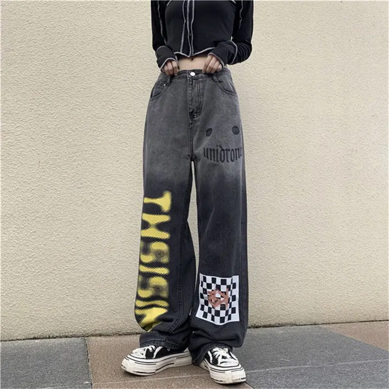

Harajuku Grunge Denim Pants Women Punk Hippie Streetwear Print Y2k Wide Leg Trouser Vintage 90s Straight Jean Gothic Baggy Jean