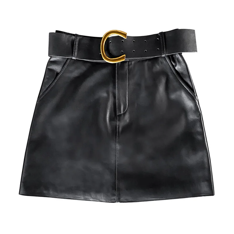 Women Real Leather Skirts Autumn Winter Metal Belt High Waist Skirt Lady Fashion Streetwear Mini Skirt TF5007