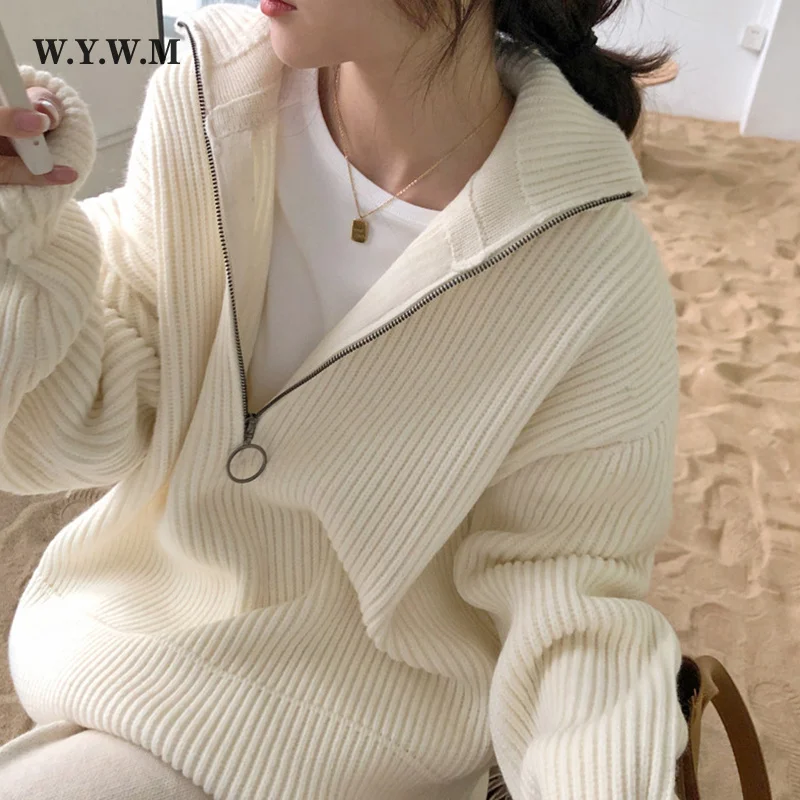 

Wywm Pit Stripes Cashmere Sweaters Women Loose Casual Knited Pullovers Ladies 2021 Winter Zipper Turn-down Collar Thick Jumper