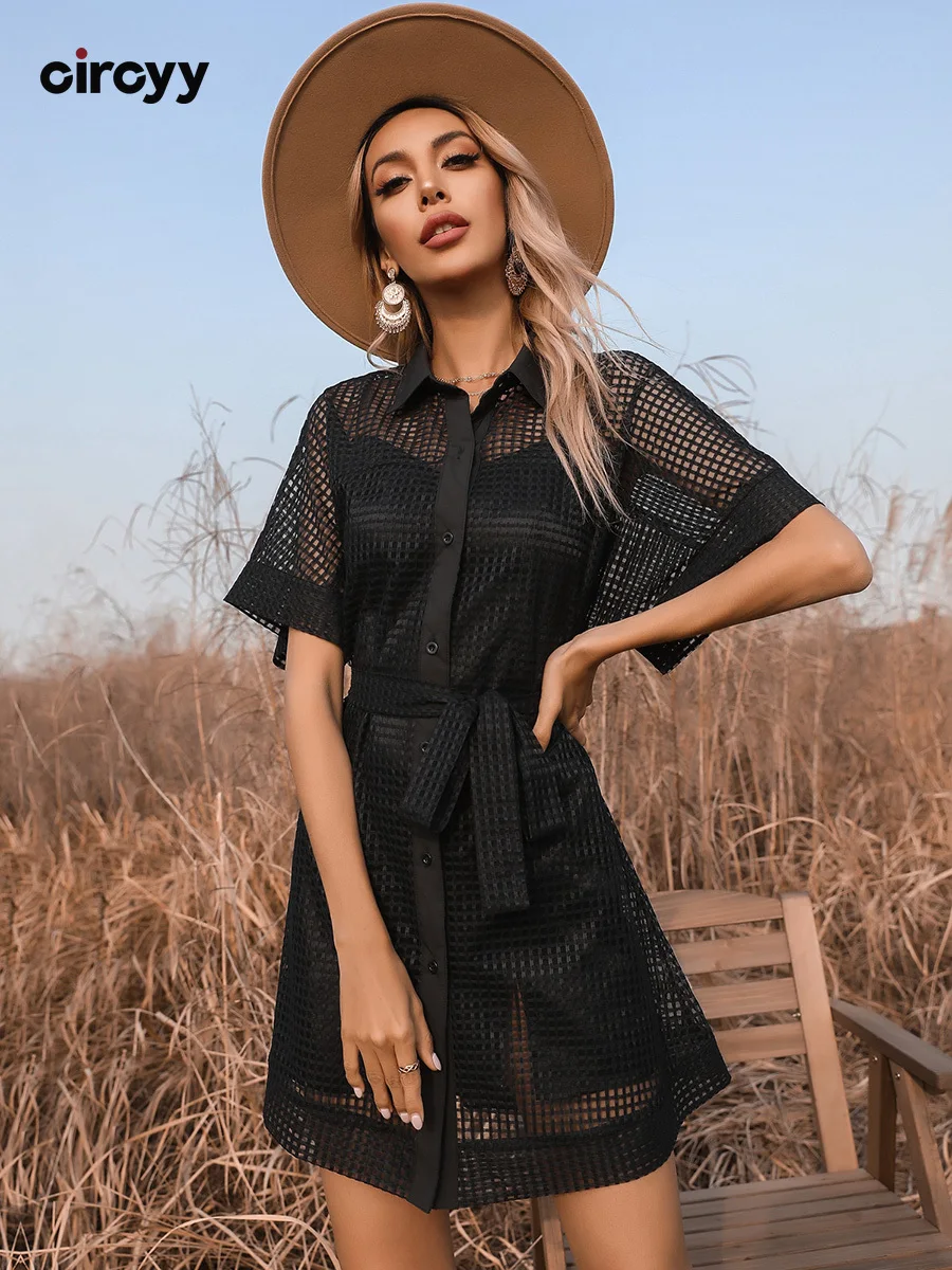 

Женское Прозрачное платье с поясом, коротким рукавом и отложным воротником