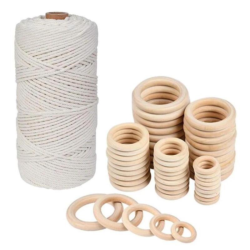 

50Pcs Unfinished Wooden Rings, For Craft, Ring Pendant, DIY Connectors, Jewelry Making (Including Cotton Rope)