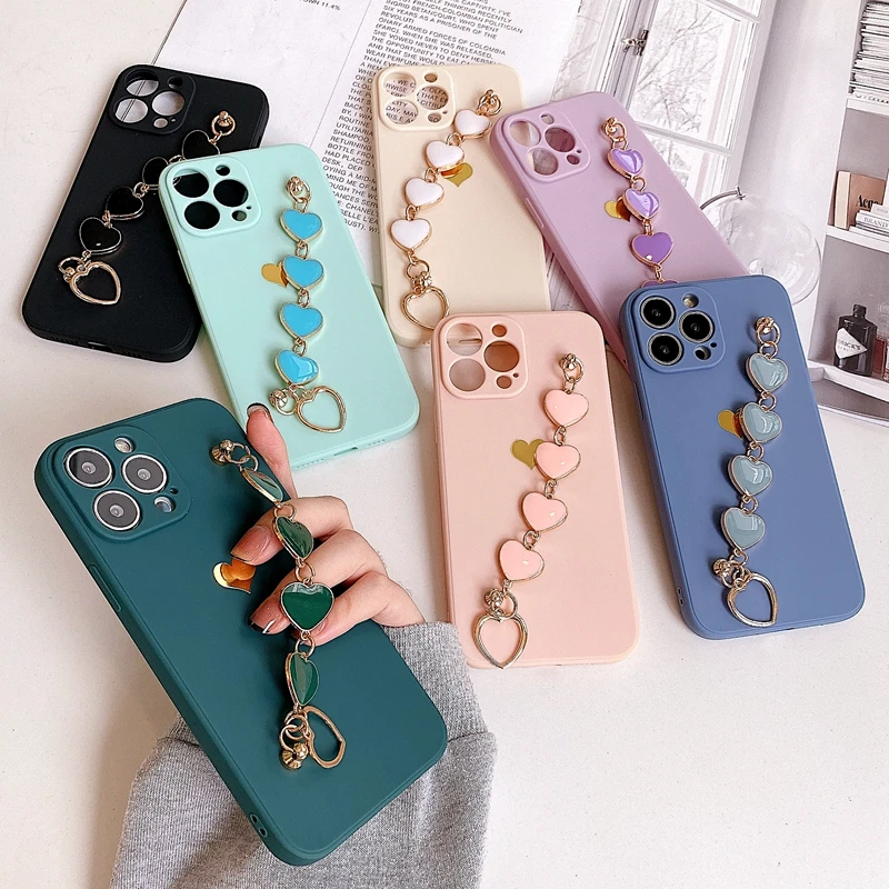 

Luxury Soft Bracelet Love Heart Phone Case For iPhone 11 12 13 Pro Max XS X XR 7 8 Plus Mini SE 2020 Bumper Back Cover