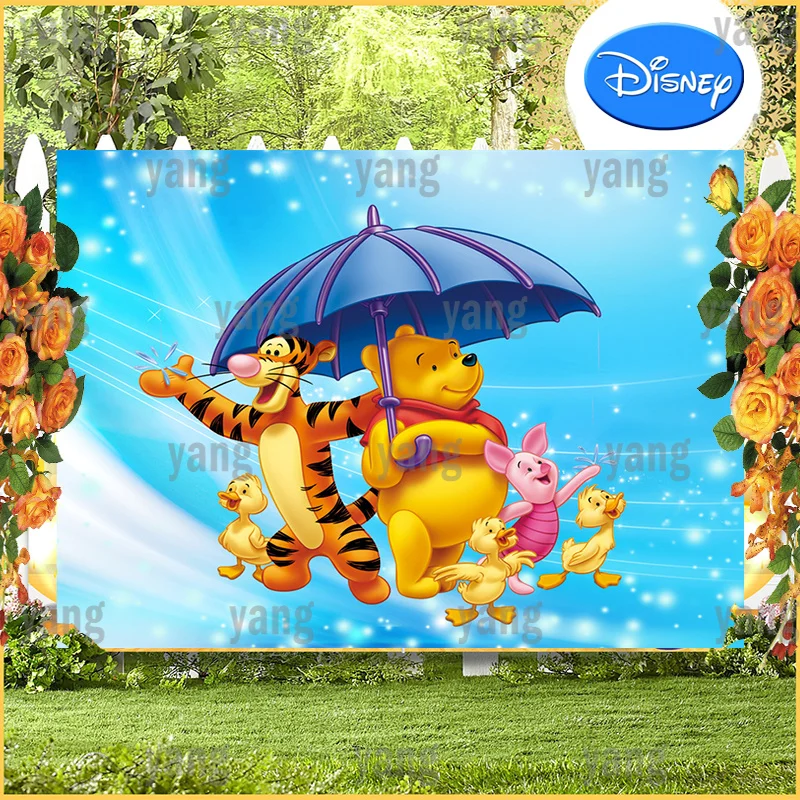 Lovely Colorful Custom Disney Winnie Bear Tigger Piglet Party Leaves Glitter Wall Banner Background Birthday Backdrop Decoration