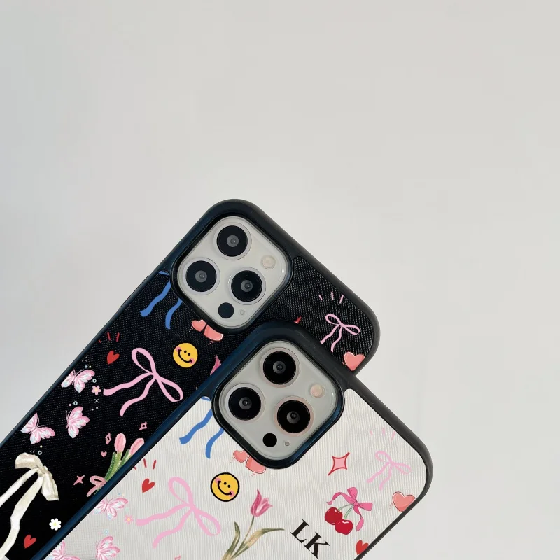 Фото Кожаный чехол из искусственной кожи CustomName Initials Blossom Flowers для iphone 15, 14, 13, 11, 12, 16 Pro Max 14, 15, 16 Plus XR XSMax, роскошный чехол №5