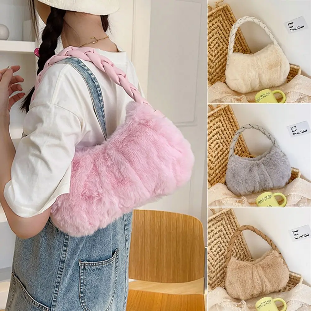 

Меховые сумочки с пушистым мехом, милые плюшевые наручные сумки с полумесяцем, вместительный клатч с короткими ручками для женщин