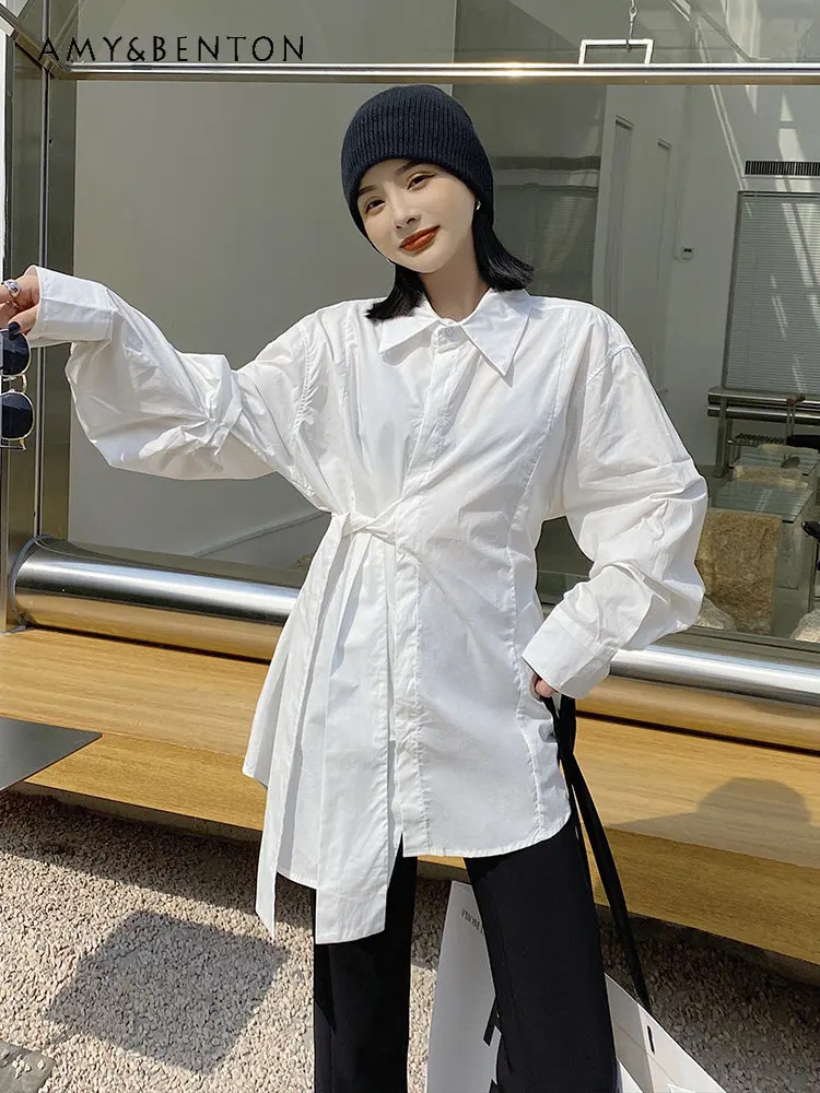 

Women's Solid Color Shirt New Fashion Irregular Lace Up Waist-Controlled Long Sleeves Shirt Design Retro Shirt Top for Laides