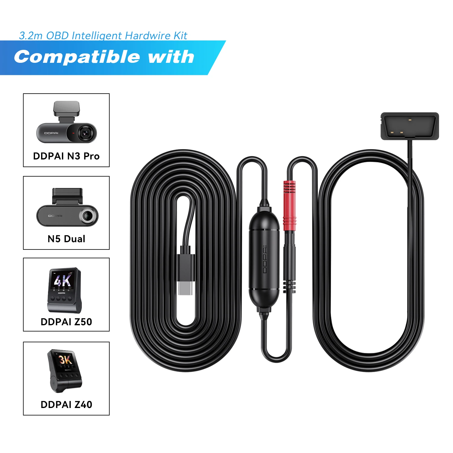 

Комплект оборудования DDPAI Dash Cam Smart OBD, совместимый с моделями N1 Dual, N3 Pro, N5 Dual, Z50, Z60, включая 24-часовой парковочный монитор