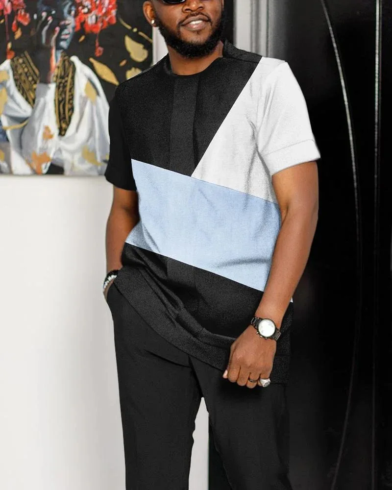 Summer Men T Shirt Short Sleeve Long Pants 2 Piece Striped Oversized Streetwear Casual Suit Trousers Outfit Loose Home Clothing