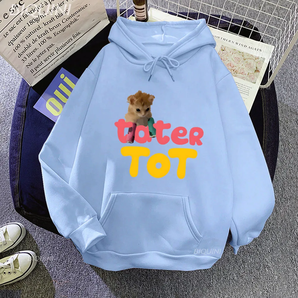 

Tater Tot Cat Printing Anime Fashion Tops Women Sweatshirts High Quality Hooded Simple Casual Sportswear Comfortable Pullovers