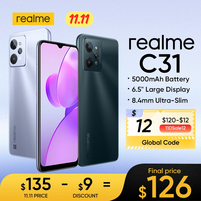 Tanie [New Arrival] Realme C31 Nowy Smartfon Potężny Ośmiordzeniowy Procesor 6.5 ''wyświetlacz 5000mAh Bateria 13MP AI Potrójny Aparat NFC