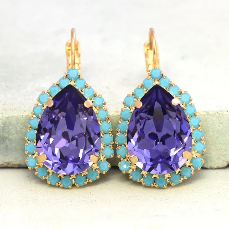 

Luxurious Gold Color Hoop Earrings with Turquoise Hook Earrings Fashion Ladies Inlaid Purple Zircon Drop Earrings